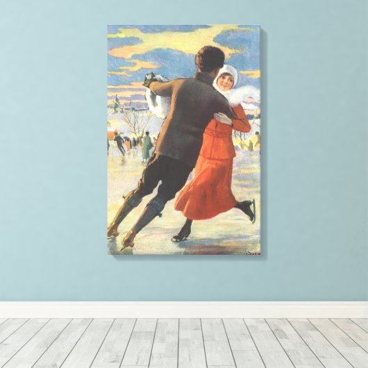 Vintage Kerstmis, Romantic Couple Ice Skating Canvas Afdruk (Insitu (Houten vloer))