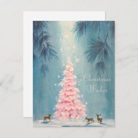 Vintage kerstmis rond roze boom feestdagenkaart (Voorkant / Achterkant)