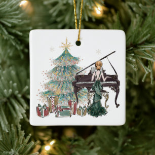 Vintage Kerstmis   Roodkopvrouw op Piano Keramisch Ornament