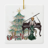 Vintage Kerstmis | Roodkopvrouw op Piano Keramisch Ornament (Achterkant)