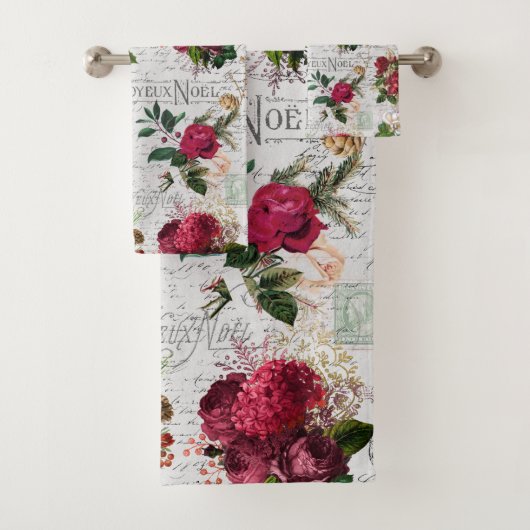 Vintage Kerstmis Roos Joyeux Noel Ephemera Bad Handdoek (Insitu)