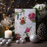 Vintage Kerstmis Roos Joyeux Noel Ephemera Feestdagenkaart<br><div class="desc">Elegant en zeer gedetailleerd oogstjaar kerstflorale naadloze samenstelling met "Joyeux Noel"-typografie,  handgeschreven script,  postafbeelding,  heilig,  mistletoe en diepe rode en ivoren rozen op verouderde perkamentachtergrond.</div>