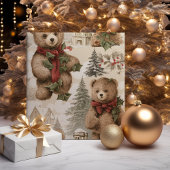 Vintage Kerstmis rustieke Teddy Bears Inpakpapier Vel