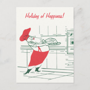 Vintage Kerstmis, Santa Claus Chef en Turkije Feestdagenkaart
