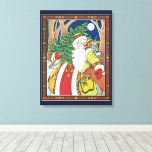 Vintage Kerstmis, Santa Claus Deer in Forest Canvas Afdruk