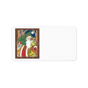 Vintage Kerstmis, Santa Claus Deer in Forest Etiket