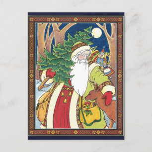 Vintage Kerstmis, Santa Claus Deer in Forest Feestdagenkaart