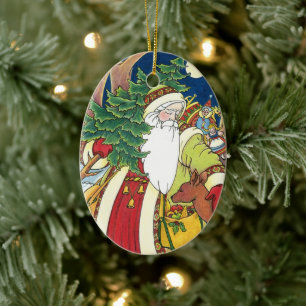 Vintage Kerstmis, Santa Claus Deer in Forest Keramisch Ornament