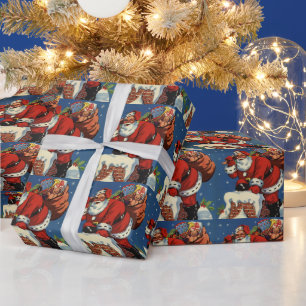 Vintage Kerstmis, Santa Claus Down Chimney w Toys Cadeaupapier