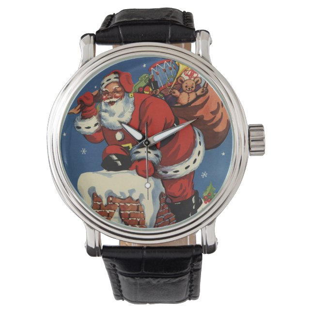 Vintage Kerstmis, Santa Claus Down Chimney w Toys Horloge (Voorkant)