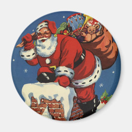 Vintage Kerstmis, Santa Claus Down Chimney w Toys Magneet