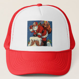 Vintage Kerstmis, Santa Claus Down Chimney w Toys Trucker Pet