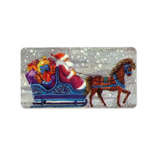 Vintage Kerstmis, Santa Claus Horse Open Sleigh Etiket