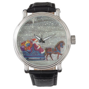Vintage Kerstmis, Santa Claus Horse Open Sleigh Horloge