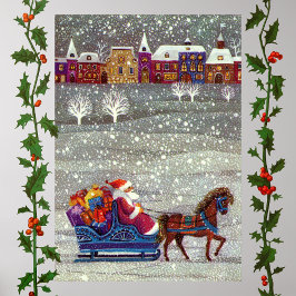 Vintage Kerstmis, Santa Claus Horse Open Sleigh Poster