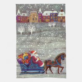 Vintage Kerstmis, Santa Claus Horse Open Sleigh Theedoek