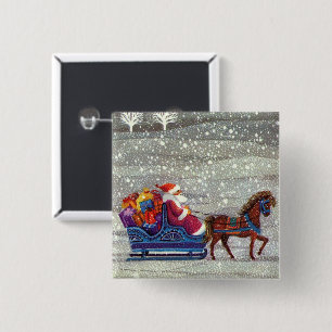 Vintage Kerstmis, Santa Claus Horse Open Sleigh Vierkante Button 5,1 Cm