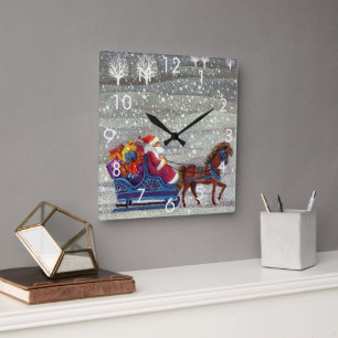 Vintage Kerstmis, Santa Claus Horse Open Sleigh Vierkante Klok