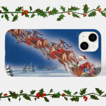 Vintage Kerstmis, Santa Flying Sleigh w Reindeer