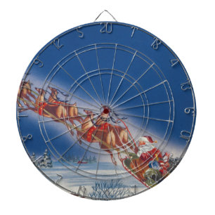 Vintage Kerstmis, Santa Flying Sleigh w Reindeer Dartbord