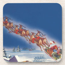 Vintage Kerstmis, Santa Flying Sleigh w Reindeer