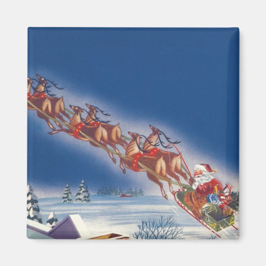 Vintage Kerstmis, Santa Flying Sleigh w Reindeer Magneet (Voorkant)