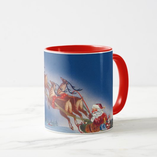 Vintage Kerstmis, Santa Flying Sleigh w Reindeer Mok (Voorkant rechts)
