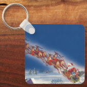 Vintage Kerstmis, Santa Flying Sleigh w Reindeer Sleutelhanger (Voorkant)