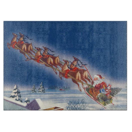 Vintage Kerstmis, Santa Flying Sleigh w Reindeer Snijplank (Voorkant)