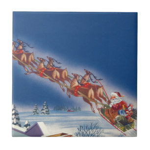 Vintage Kerstmis, Santa Flying Sleigh w Reindeer Tegeltje