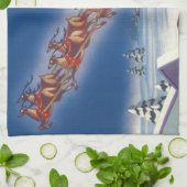 Vintage Kerstmis, Santa Flying Sleigh w Reindeer Theedoek (Gevouwen)