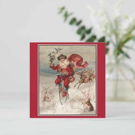 Vintage Kerstmis Santa Riding Fiets Feestdagenkaart (Staand voorkant)