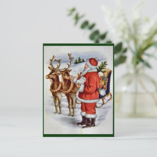 Vintage Kerstmis Santa Sleigh Rendier Feestdagenkaart (Staand voorkant)