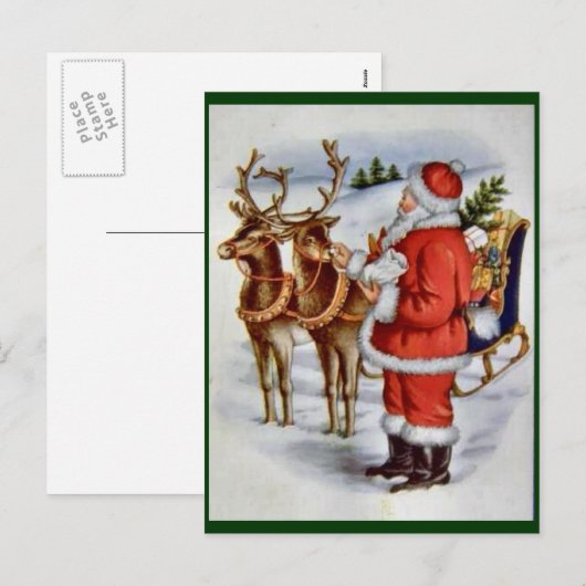 Vintage Kerstmis Santa Sleigh Rendier Feestdagenkaart (Voorkant / Achterkant)