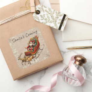 Vintage Kerstmis Santa Sleigh Rendier Vierkante Sticker