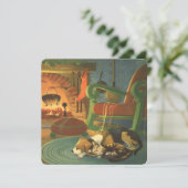Vintage Kerstmis, Slaapende Dieren door Fireplace Feestdagenkaart (Staand voorkant)