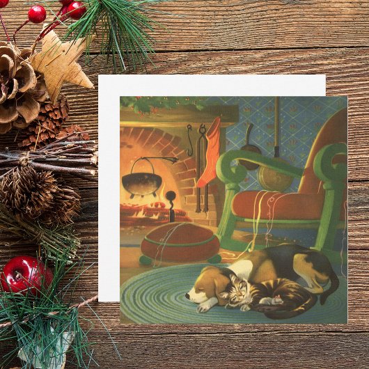 Vintage Kerstmis, Slaapende Dieren door Fireplace Feestdagenkaart