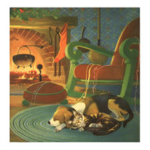 Vintage Kerstmis, Slaapende Dieren door Fireplace