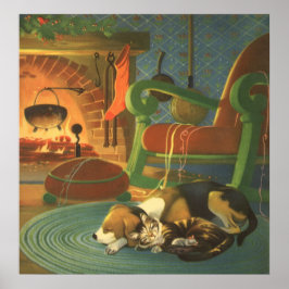 Vintage Kerstmis, Slaapende Dieren door Fireplace Poster