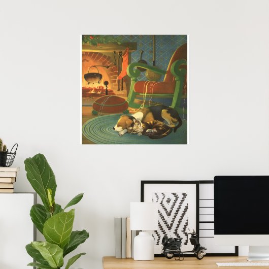 Vintage Kerstmis, Slaapende Dieren door Fireplace Poster (Thuiskantoor)