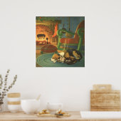 Vintage Kerstmis, Slaapende Dieren door Fireplace Poster (Keuken)