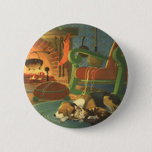 Vintage Kerstmis, Slaapende Dieren door Fireplace Ronde Button 5,7 Cm