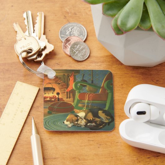 Vintage Kerstmis, Slaapende Dieren door Fireplace Sleutelhanger (Bureau)