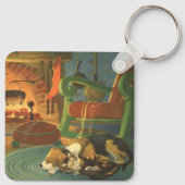 Vintage Kerstmis, Slaapende Dieren door Fireplace Sleutelhanger (Achterkant)