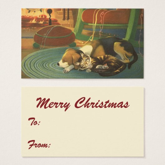 Vintage Kerstmis, Slaapende Dieren door Fireplace Visitekaartje (Voorkant /achterkant)