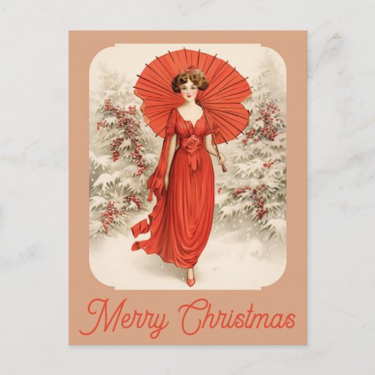 Vintage Kerstmis Sneeuw Victoriaans Vrouw Briefkaart (Voorkant)