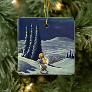 Vintage Kerstmis, Sneeuwengel die met een ster loo Keramisch Ornament