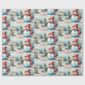 Vintage Kerstmis Sneeuwman Illustratie Cadeaupapier (Vlak)