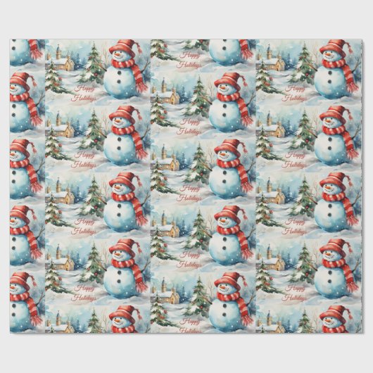 Vintage Kerstmis Sneeuwman Illustratie Cadeaupapier (Vlak)