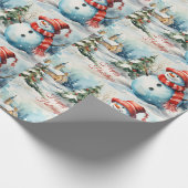 Vintage Kerstmis Sneeuwman Illustratie Cadeaupapier (Hoek)